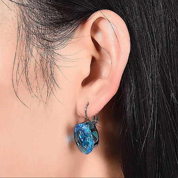 Aquamarine Zircon Oval Shaped White Gold Plated Earrings - Picture 2 of 5